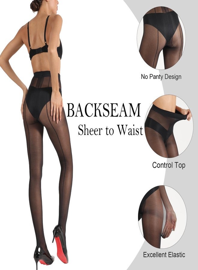 HONENNA Backseam Sheer Tights for Women T Crotch Cuban Heel Black Pantyhose 20D Control Top Stockings - Image 2